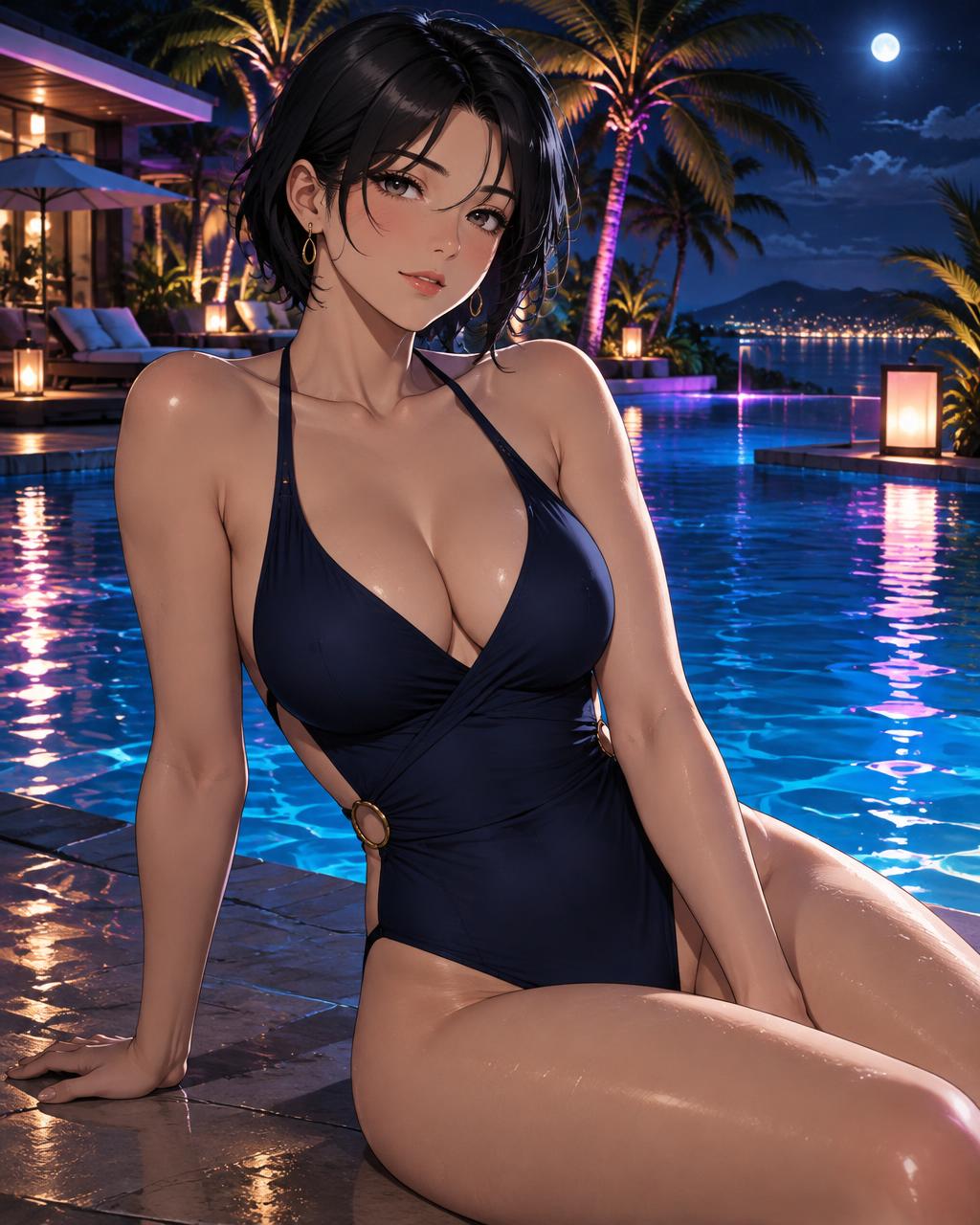 black-haired anime woman beside a neon night pool